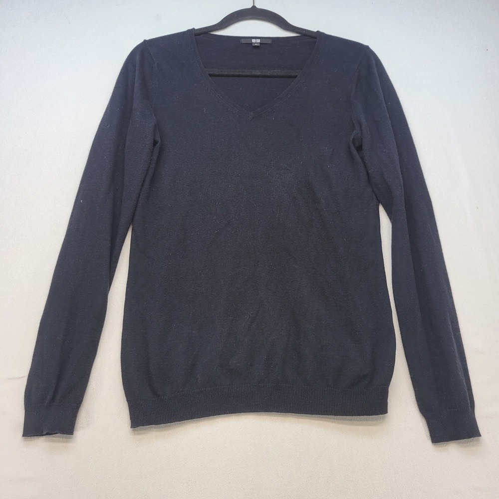 Uniqlo V-Neck Sweater Womens Medium Black Cotton Cashmere Blend Lightweight Knit
